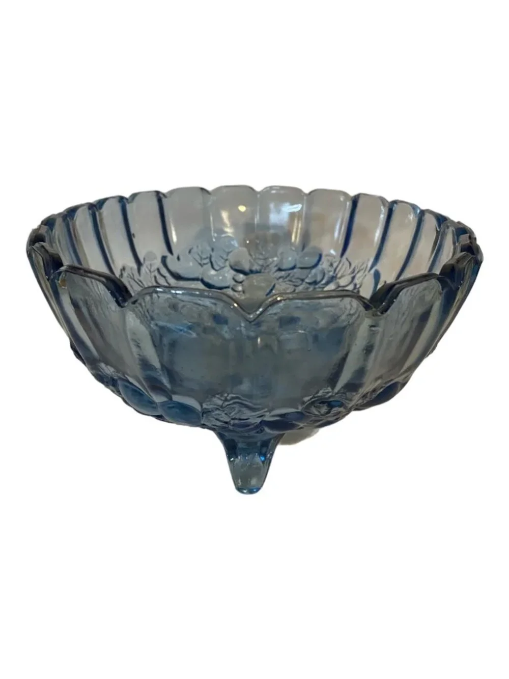 Vintage Indiana Glass Blue Harvest Grape Footed Oval Fruit Bowl Cottagecore MCM